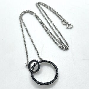 STERLING Silver Circles Chain w Plain & Black Stone Circles 18” + .8” Pendant